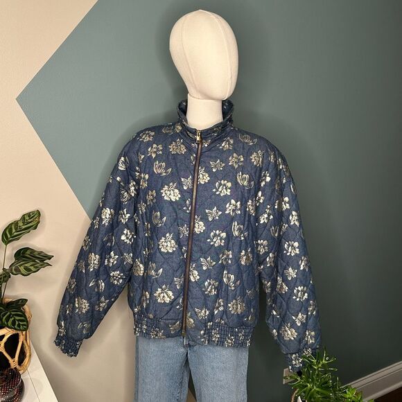Ice Nine 1980s Vintage Quilted Floral Metallic Bomber Jacket Made in USA size S - Picture 3 of 15